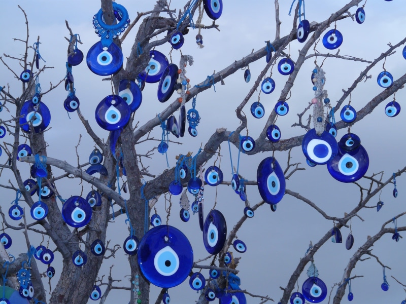 jewellery, close, string, damage spells, low angle view, decoration, lighting equipment, nazar amulet, aesthetic, nazar, lights, blue, art and craft, design