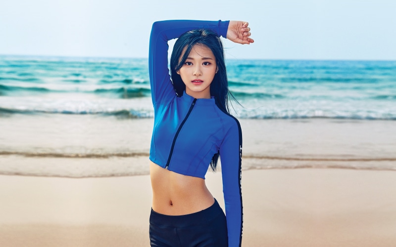 cool, kpop, standing, beach, beauty in nature, 4K, arms raised, sea, three quarter length, water, lifestyles, land, blue, adult, beautiful woman, girl