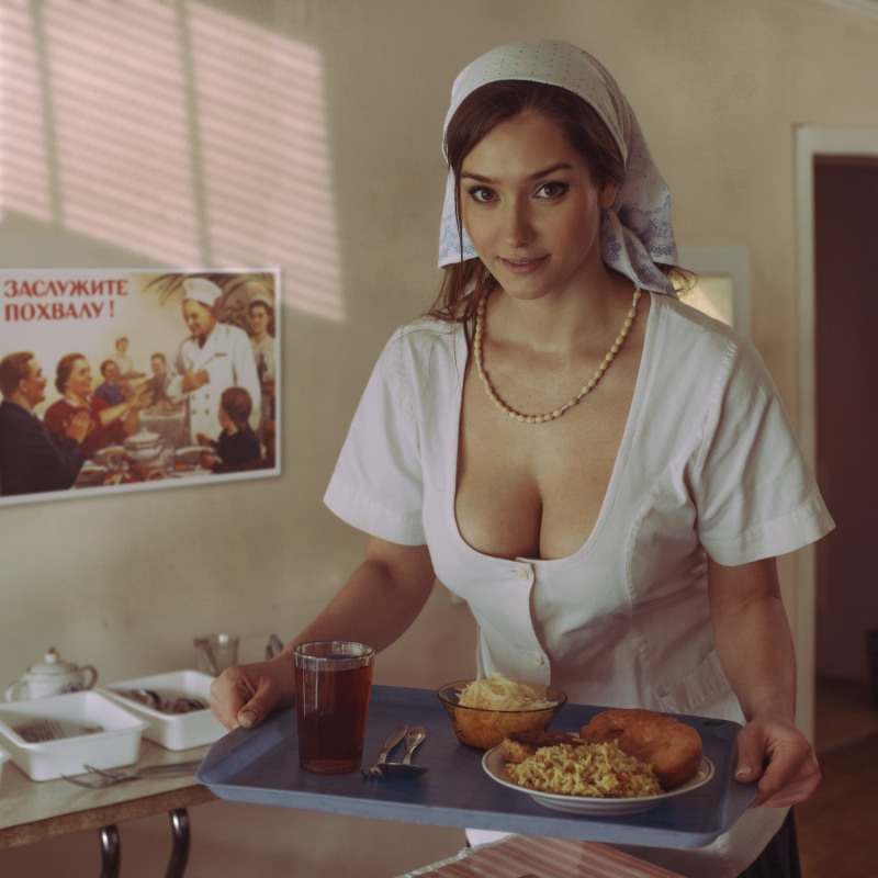 women, David Dubnitskiy, necklace, glass, rice, vintage, beads, cleavage, brunette, coats, looking at viewer, food, smiling, white clothing, 1080P