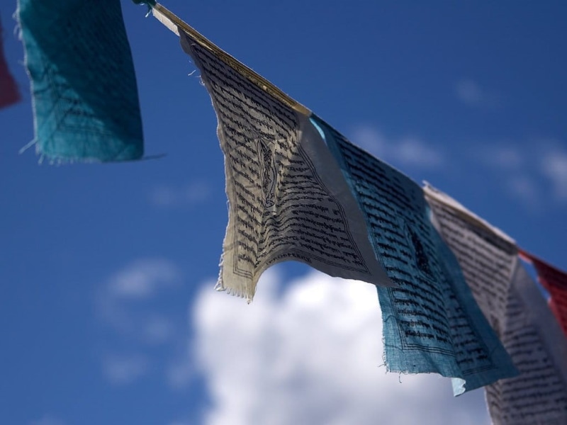 blue, nature, wind, buddhism, holy, office building exterior, building, cloud - sky, skyscraper, art and craft, place of worship, hanging, outdoors, day
