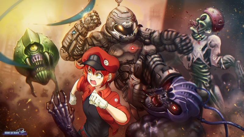 parody, anime girls, short hair, Hataraku Saibou, fan art, fantasy armor, digital art, Doom slayer, Doom (2016), 1080P, cells, 2D, Doom (game), video game art
