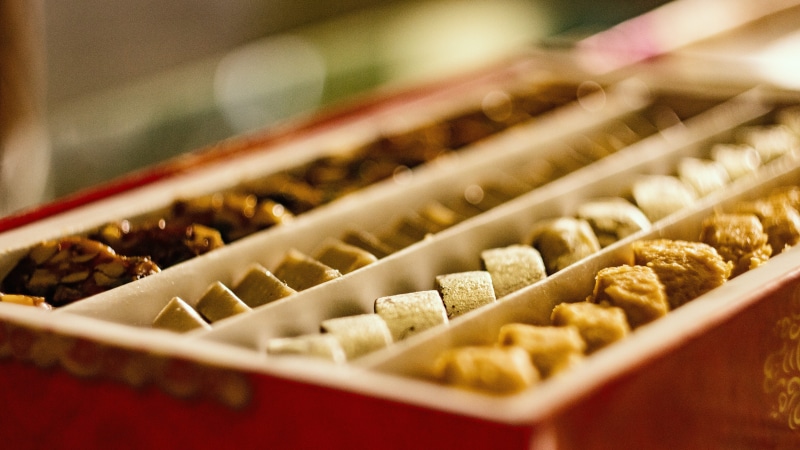 ghee, cooked, abundance, tray, dessert, food and drink, wine, sweets, freshness, traditional, box, large group of objects, cellar, drink, almond, in a row