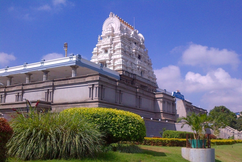 tourism, luxury, built structure, grass, cloud - sky, no people, Hindu, Temple, tree, low angle view, sky, krishnaism, architecture, day, bangalore, temple