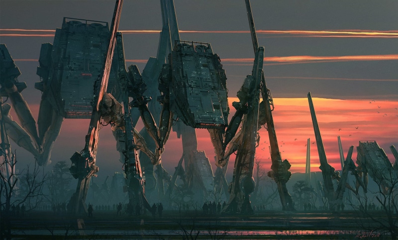 1080P, nature, sunset, no people, robot, building exterior, rope, tranquility, outdoors, science fiction, low angle view, dusk, illustration, sky, built structure