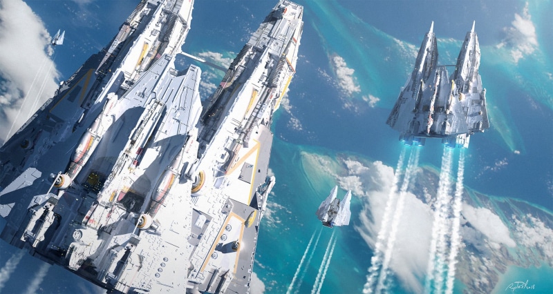 science fiction, water, Raphael Lacoste, architecture, sea, concept art, ship, cloud - sky, transportation, mode of transportation, nature, day, blue, no people