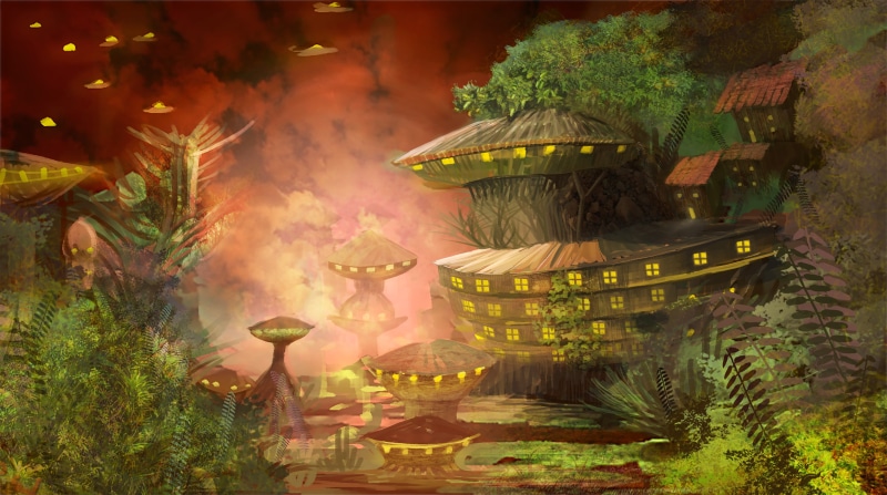 aliens, painting, trees, fantasy art, digital art, Raphael Vanhomwegen, village, nature, 4K, futuristic city, futuristic