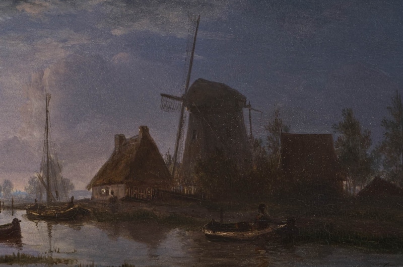boat, alternative energy, classic art, waterfront, built structure, wind turbine, environment, no people, brown, outdoors, architecture, mode of transportation