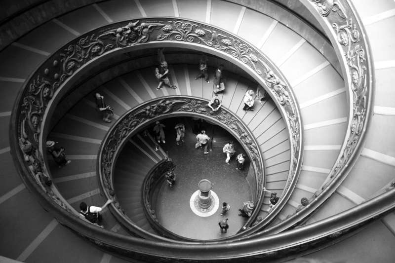 travel, scale, indoors, round, group, directly above, museum, architecture, gray, building, staircase, city, ornate, spiral staircase, built structure