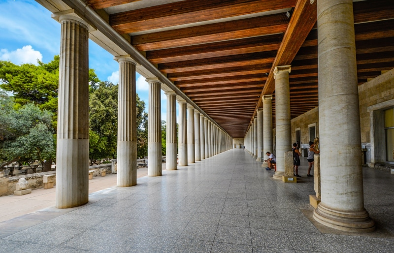 architecture, greek, travel, transportation, people, museum, building, acropolis, day, colonnade, plant, diminishing perspective, architectural column