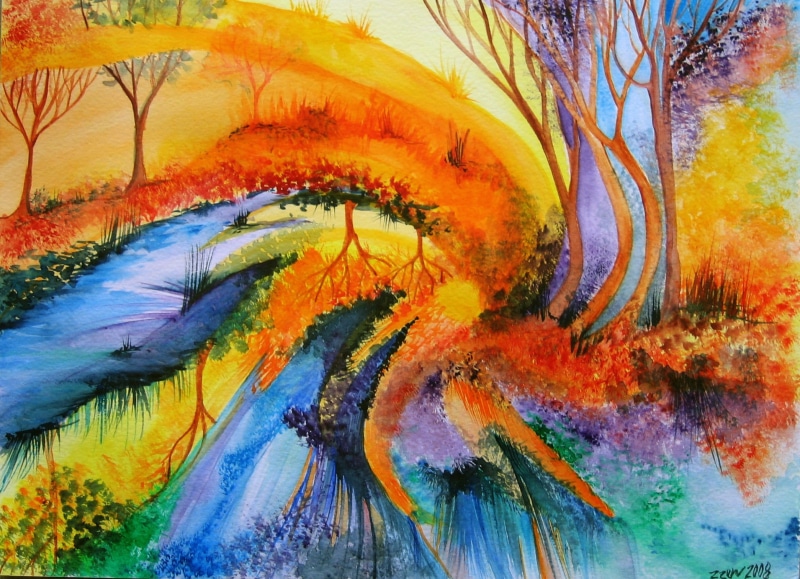 multi colored, nature, trees, beauty in nature, vibrant color, abstract, full frame, paintings, water, 2008 (Year), backgrounds, yellow, close-up, creativity