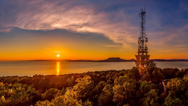 view, tower, orange color, 4K, nature, viewpoint, afterglow, lake, plant, fonyod, fuel and power generation, sun, tranquil scene, tranquility, water, landscape
