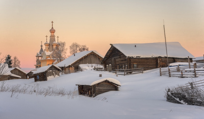 sunset, snow, field, house, no people, cold temperature, land, covering, residential district, built structure, church, building exterior, village, architecture