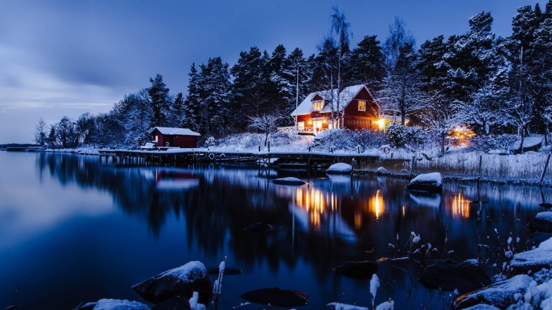 scenics - nature, water, shore, architecture, snow, tranquility, outdoors, 1080P, evening, sky, night, tree, building exterior, reflection, lake, nature