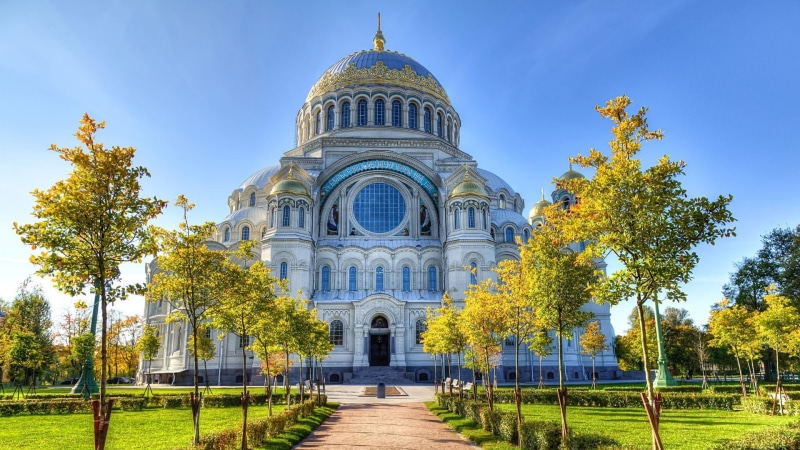 naval cathedral of saint nicholas, plant, st nicholas cathedral, landmark, tree alley, blue, orthodox cathedral, religion, daytime, tree, built structure