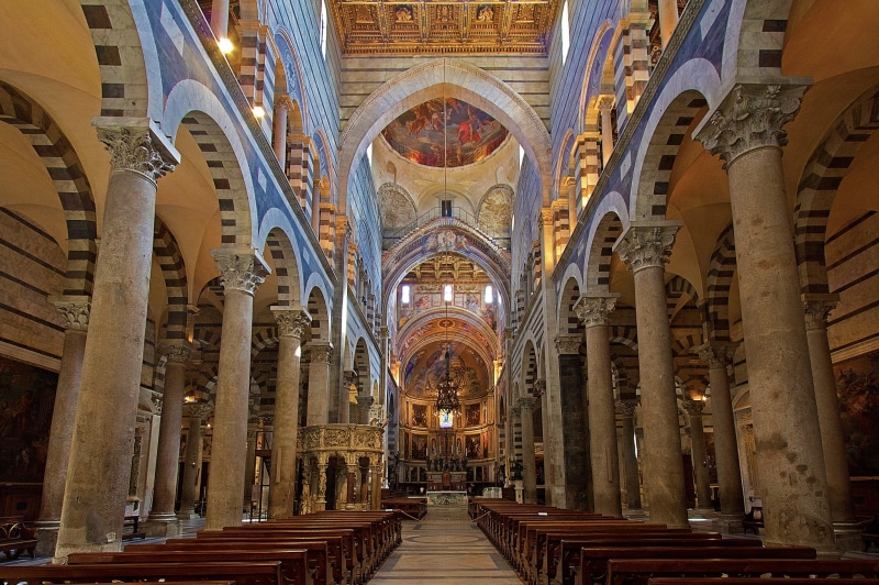 the nave, religion, 1080P, Cathedral, columns, Italy, Tuscany, Pisa, bench