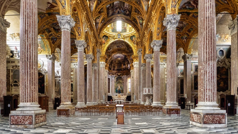 1080P, Santissima Annunziata del Vastato, the nave, Basilica, bench, Italy, columns, Genoa