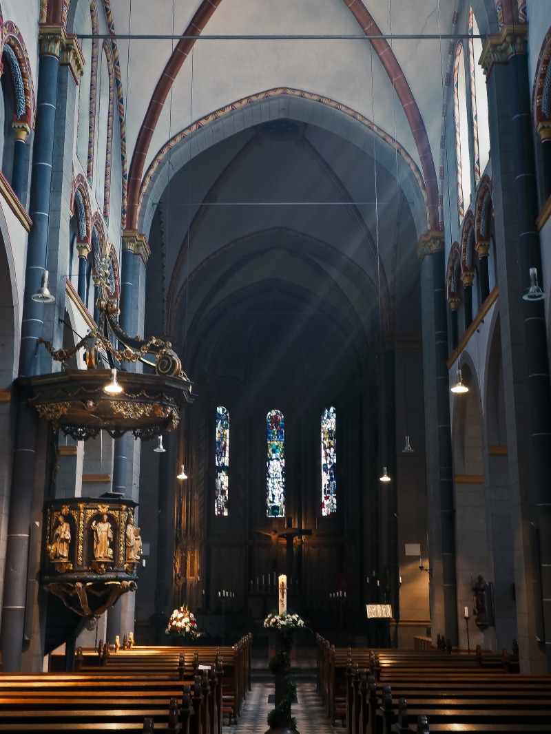 Architecture, stained glass, house of worship, ceiling, spirituality, 4K, baroque, aisle, church, sunbeam, pew, indoors, church buildings, history, christen