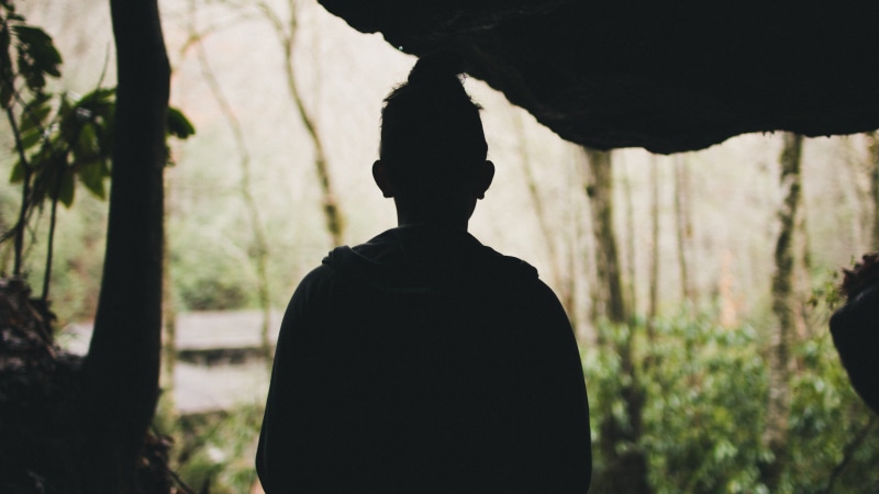 trunk, nature, day, bushs, men, tranquility, land, leisure activity, cave, silhouette, one person, dark, light, franklin, standing, person, focus on foreground