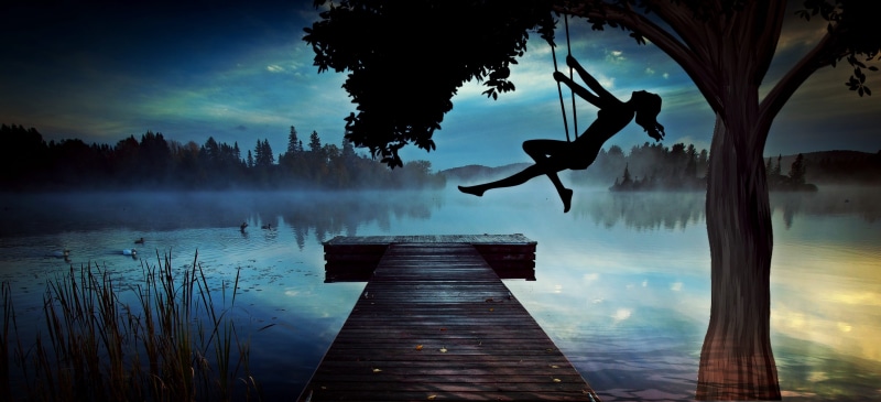 swing, mystical, silhouette, back light, pier, movement, young girl, sky, log, composing, person, fog, joy of life, fantasy, plant, outdoors, water, 4K
