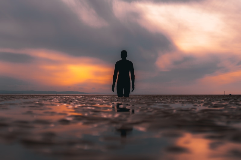 person, human, sky, photo, sea, sunlight, real people, lifestyles, sculpture, liverpool, crosby, land, tranquility, statue, 5K, merseyside, horizon over water