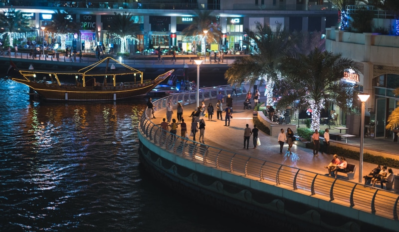 nautical vessel, night, united arab emirates, tree, canal, illuminated, dubai marina, real people, mode of transportation, group of people, dubai, built structure