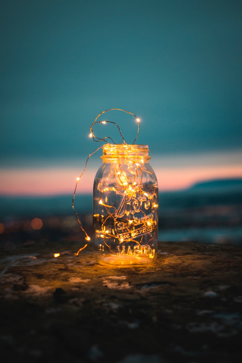 clear, outdoors, sunset, transparent, glass - Material, glass, yellow, jar, digital composite, refreshment, celebration, sky, container, glowing, no people