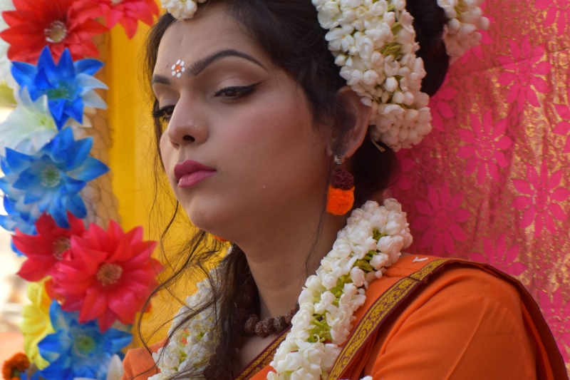 flower, fashion, woman, portrait, adult, ethnic look, headshot, clothing, traditional clothing, celebration, beautiful woman, plant, flower arrangement