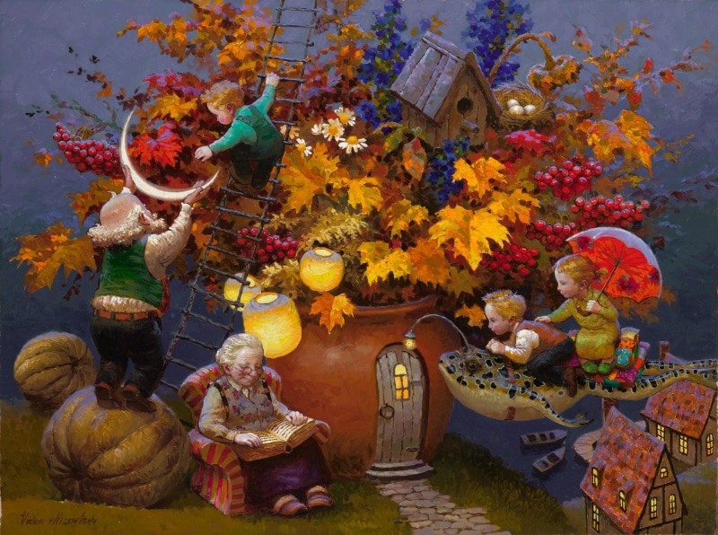 architecture, childhood, multi colored, grandpas tales, 1080P, floral garland, Victor Nizovtsev, male likeness, human representation, spirituality, belief