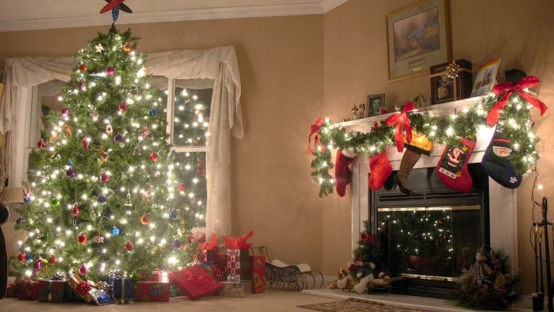 gift, Christmas tree, christmas, fireplace, illuminated, 1080P, christmas lights, tree, nature, indoors, decoration, New year, holiday - event, Decorations