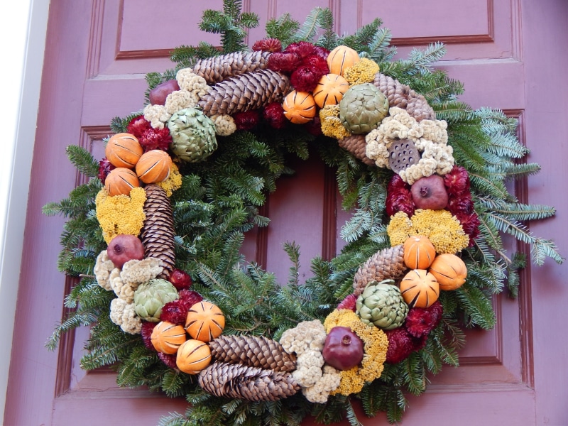flowering plant, day, door, holiday decorations, winter, natural, outdoor, multi colored, cone, wreath, decoration, outdoors, flower arrangement, home