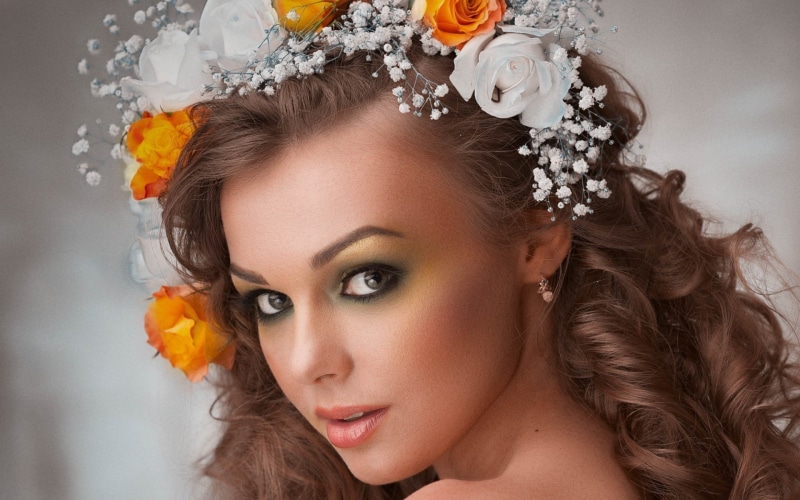 plant, hairstyle, women, headdress, 1080P, adult, flower, glamour, looking at camera, beauty, s, headshot, white, hair, girl, floral garland, model, floral