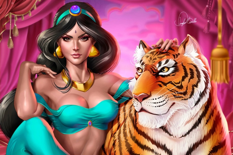 Aladdin, by Douglas Bicalho, Douglas Bicalho, Character, 1080P, The moon, Rajah, Princess Jasmine, Art, Tiger, Girl, Fantasy, Jasmine, Raja