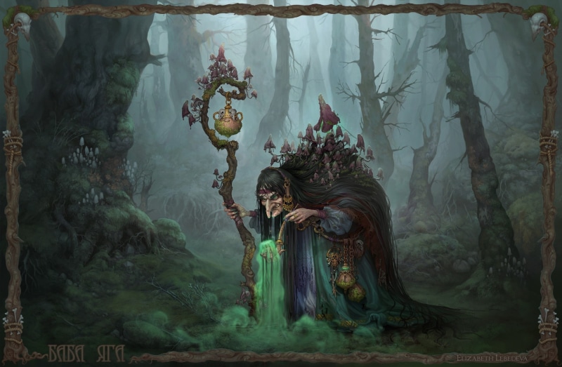 Yelizaveta Lebedeva, 1080P, forest, art, Baba Yaga, childrens, tale