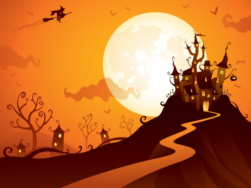  sunset, musical instrument, mid-air, illustration, autumn, house, haunted, backgrounds, silhouette, celebration, evil, one person, real people