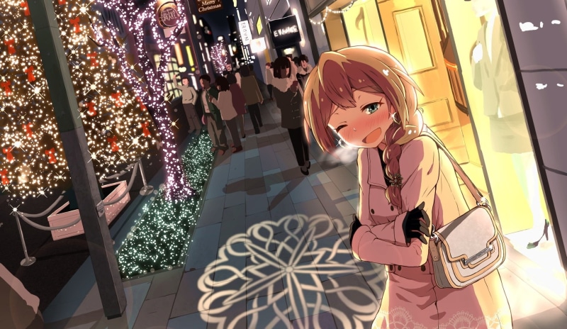 Anime, Long Hair, The iDOLM@STER, Light, Blush, City, Green Eyes, Christmas Tree, 1080P, Konomi Baba, Winter, Glove