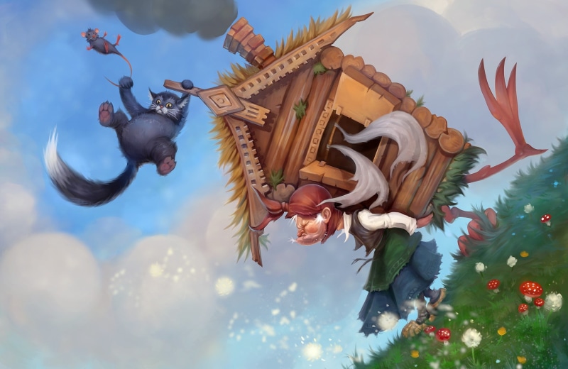 Baba Yaga, the situation, art, cat, 1080P, mood, hut, tale, Valentin Tyustin, childrens, The old lady in distress