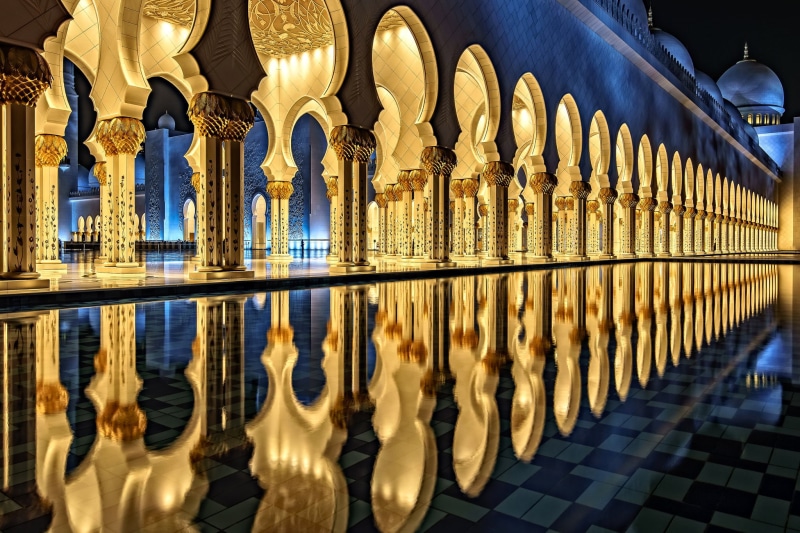 city, pool, building, flooring, reflecting pool, architectural column, architecture, tiled floor, 1080P, travel destinations, travel, The Sheikh Zayed Grand mosque