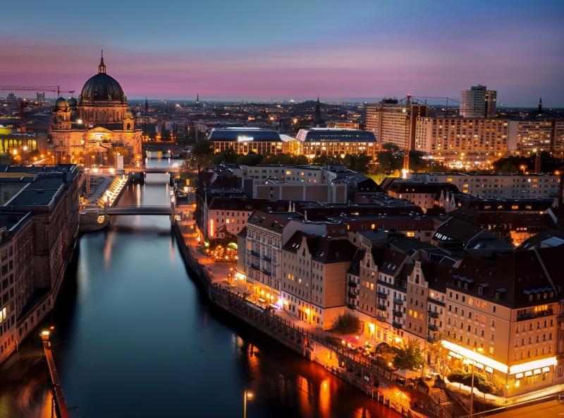 urban Scene, city Life, no people, water, Berlin Cathedral, home, twilight, street, tourism, The Berliner Dom, Berlin, high angle view, lighting, night
