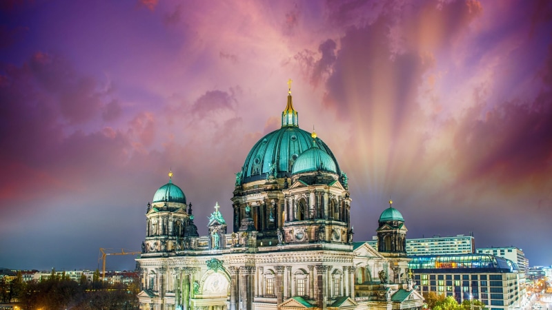 berlin, berliner dom, built structure, cloud - sky, belief, building, 4K, no people, religion, night, tourist attraction, sky, dome, tourism, cathedral