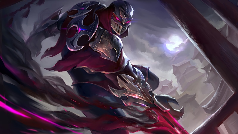 Zed (League of Legends), 4K, shadow, looking at viewer, red eyes, Riot Games, Runeterra, Zed