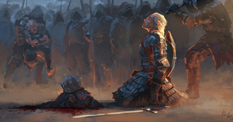 head, assassin, fantasy, soldiers, blood, sword, artwork, painting, Peter Krüger Garcia, blonde, decapitation, crown, armor, 1080P, Warrior, fantasy art
