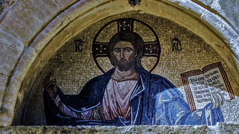 male likeness, belief, christianity, history, mosaic, lintel, built structure, 14th century, place of worship, monastery, day, 4K, architecture, cyprus