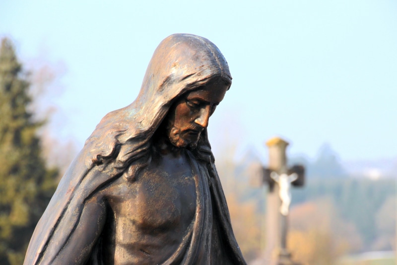 female likeness, dewdrop, christ, close-up, sky, day, faith, thoughtful, no people, craft, statue, human representation, symbol, face, jesus, sculpture