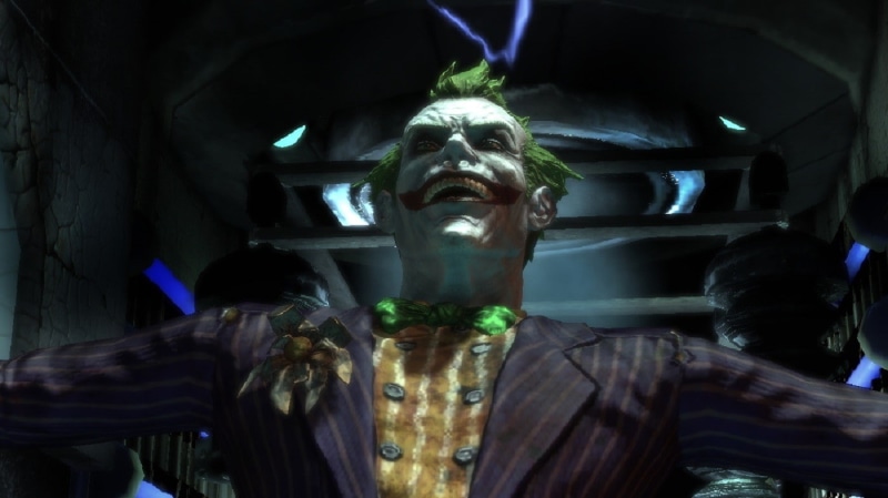 Joker, illuminated, costume, waist up, indoors, night, art and craft, celebration, front view, headshot, video games, 720P, real people, Batman, Rocksteady Studios