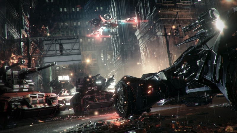 Batmobile, architecture, machinery, vehicles, mode of transportation, 4K, Gotham City, building exterior, land vehicle, Batman, city, illuminated