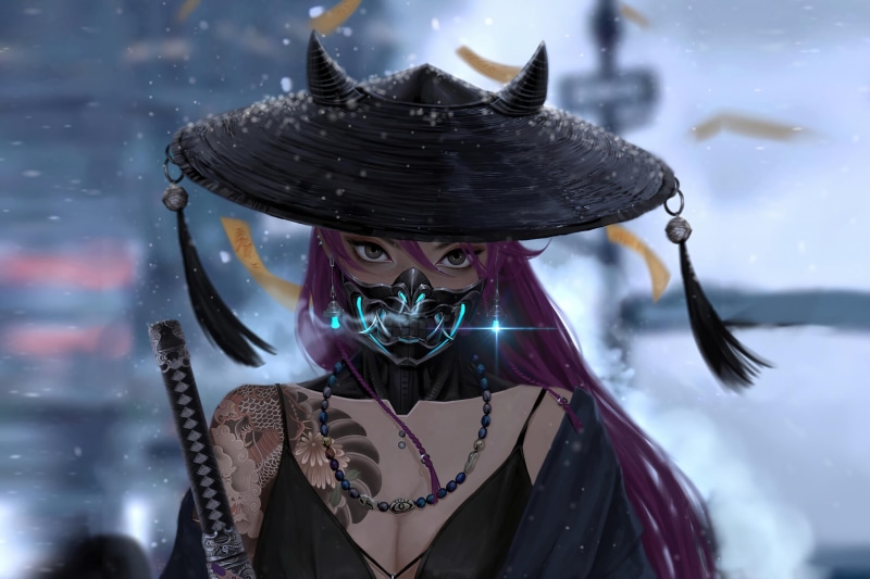 2K, digital art, purple hair, warrior, mask, fantasy girl, samurai, hat, sword, women, fantasy art, tattoo, katana, artwork