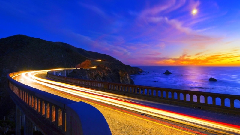 lights, heavenly, 1080P, mountain, moon, highway, bixby bridge, bridge, nature and landscapes, california, sunset