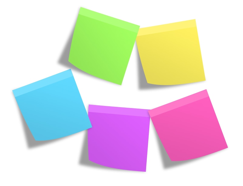assorted, yellow, square, pinning, studio shot, sticky, colorful, five, business, paper, sticky note, group of objects, embassy, white background, no people