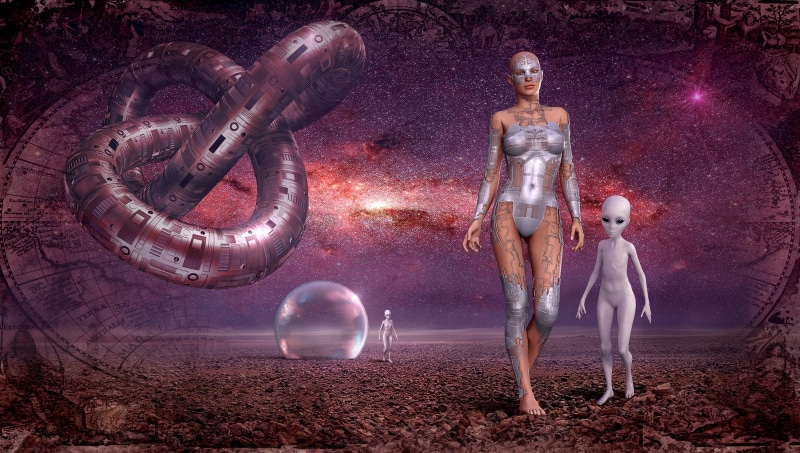 humanoid, all, people, architecture, galaxy, star, composing, encounter, land, spaceship, starry sky, violet, cosmos, female, 2K, robot, harmony, sky