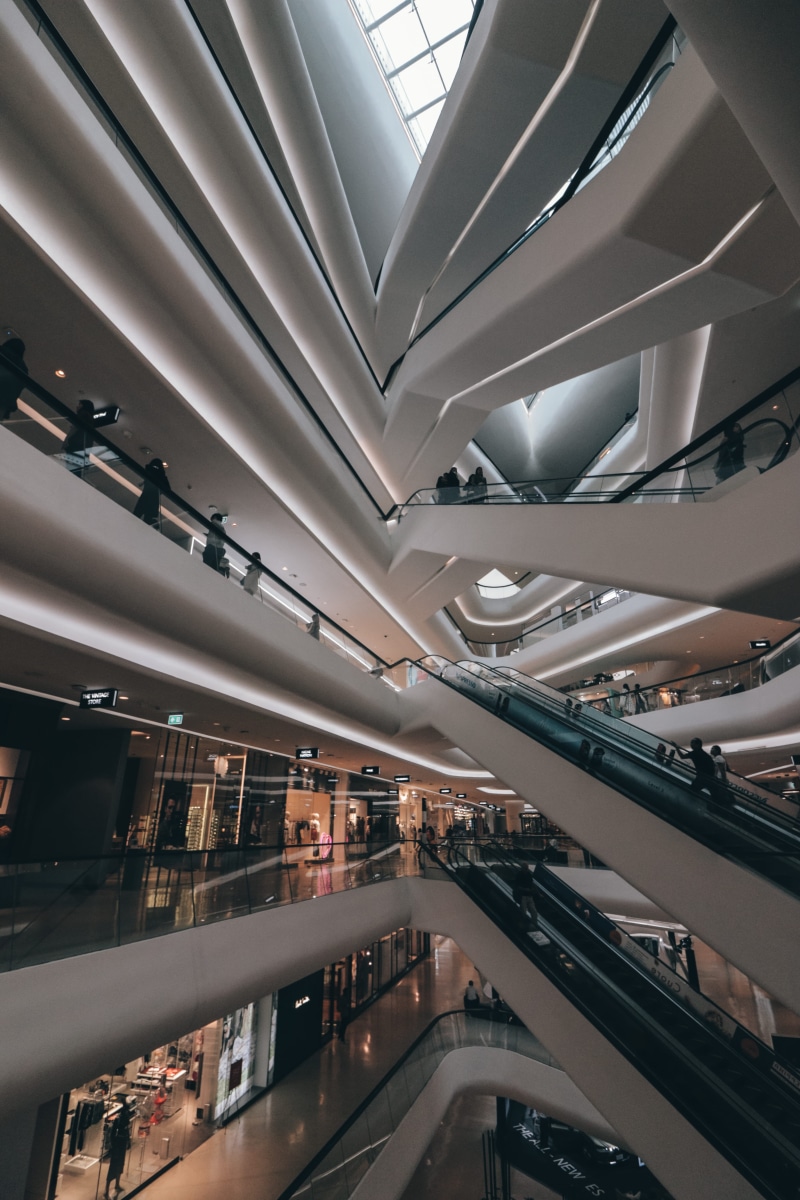 escalator, high angle view, public transportation, housing, bangkok, city, architech, indoors, built structure, real people, downtown, travel, men, modern